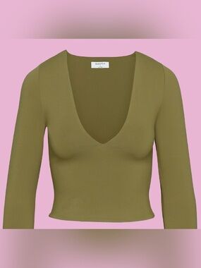 Olive Deep V-Neck Long Sleeve Top